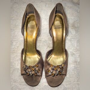 Stuart Weitzman Brown Satin Open-Toe Heels with Crystal Accent